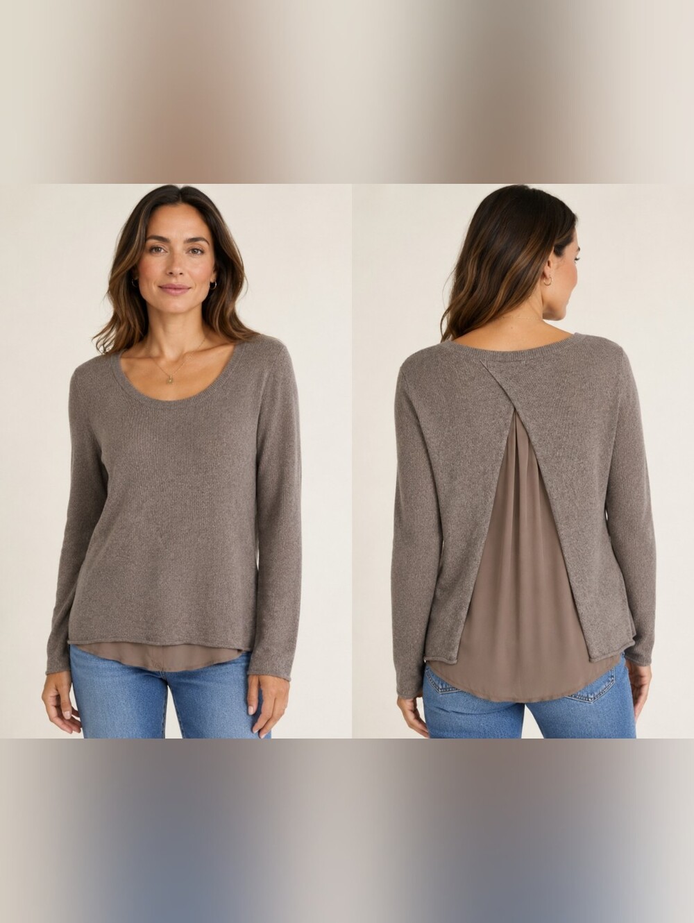 Quiet Luxury Taupe Cotton Cashmere Silk Layered Top M/L Subtle Luxury Small Hole